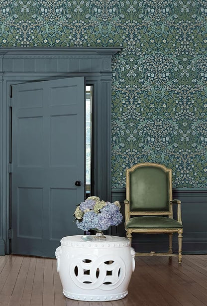NextWall Seabrook Designs Victorian Garden Floral Vintage Prepasted Wallpaper (Prussian Blue & Moss Green)