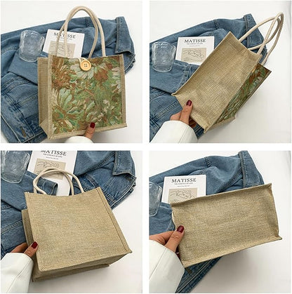 Women Tote Bag,2Pcs Jute Casual Tote's Handbag Embroidered Personalized Bento Bag,Reusable Grocery Bags Shopping Bags