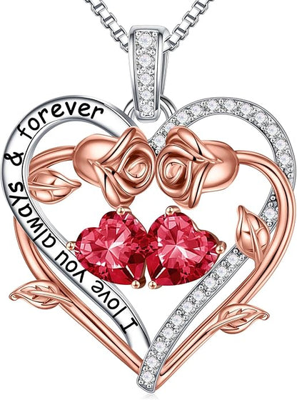 Iefil Rose Heart Double Birthstone Necklace Gifts for Wife Her Mom Women, Birthstone Jewelry Gemstone Birthday Gifts for Girlfriend Grandma Her Wife Women