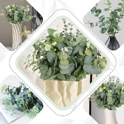 Artificial Eucalyptus Leaves Stems 120 Pcs 4 Kinds Mixed Fake Silver Dollar Eucalyptus Leaves Stem with Dandelion Bulk Faux Leaf for DIY Bouquets Floral Arrangement Wedding Home Decor