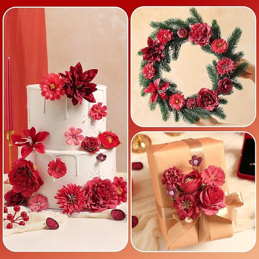 Artificial Flowers Heads Combo Red Flowers Mix Silk Flowers Heads Bulk Faux Rose for Craft Garland Graduation Cap Wedding Bridal Baby Shower Home Party Decoration DIY Cake Decor