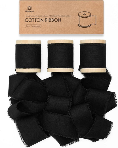Vitalizart Black Ribbon 1-1/2" x 15 Yd 100% Cotton Handmade Frayed Fringe Fabric Ribbons for Gift Wrapping Wedding Invites Bridal Shower Bouquets Christmas Decorations