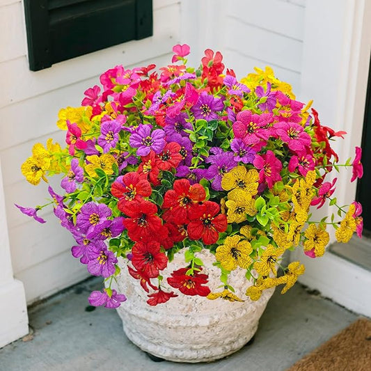 UV Resistant Daisy Faux Flowers for Outdoor Planters Hanging Basket Window Box - 18 Bundles Fake Flowers Outside with Eucalyptus, Realistic Silk Artificial Plants for Porch Garden Home Décorations