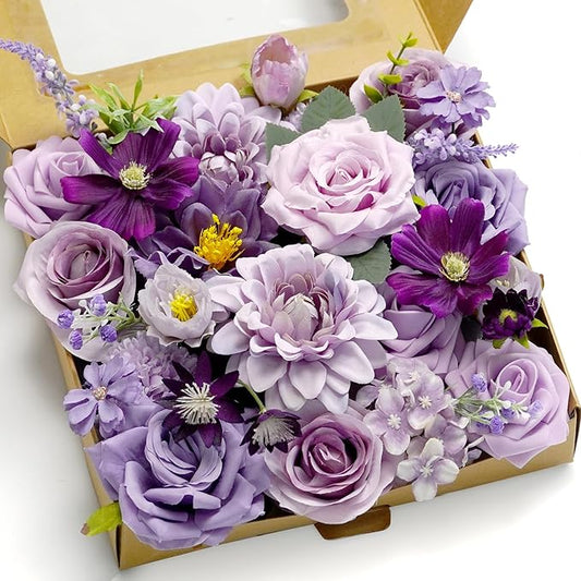 Artificial Flower Purple Combo Box Set Fake Rose Dahlia for DIY Wedding Center Bouquet Bride Baby Shower Party Tables Decoration Floral Arrangements.