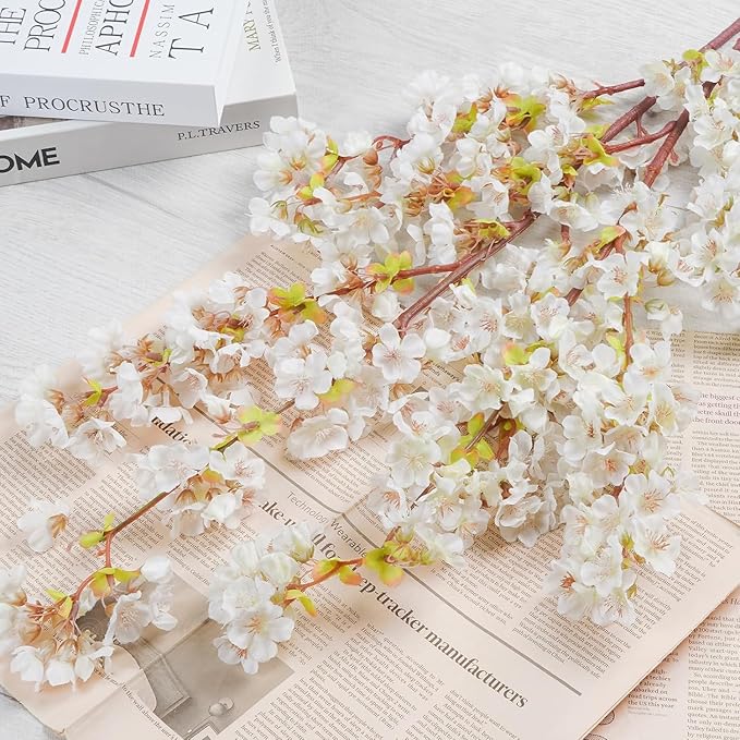 Sunm Boutique Silk Cherry Blossom Branches, Artificial Cherry Blossom Tree Stems Faux Cherry Flowers Vase Arrangements for Wedding Home Decor, Set of 5