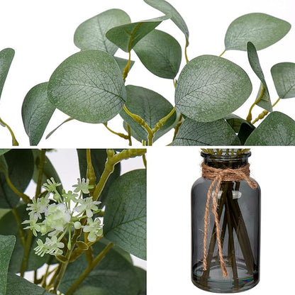 Briful Artificial Eucalyptus Stems in Black Glass Vase with Faux Water, 14" Fake Plant Eucalyptus Leaves for Home Office Farmhouse Wedding Centerpiece Décor, 2 Packs