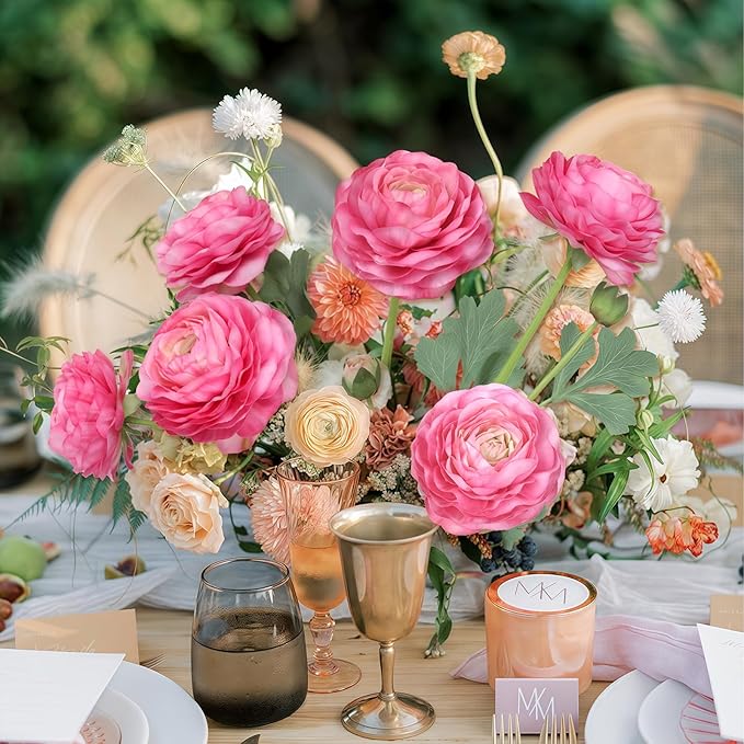 6PCS Pink Ranunculus Artificial Flowers Real Touch Peonies Fake Ranunculus Stems for DIY Wedding Bouquet Party Table Home Decor(Deep Pink)