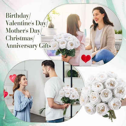 Giegxin 20 Pcs Real Touch Peonies Austin Roses Artificial Flowers, Faux Look Real Long Stems Fake Flower with Big Blooms for Christmas Valentines Wedding Party DIY Arrangement Home Decor(White)