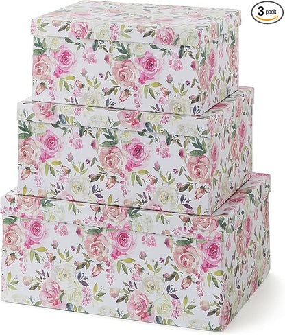 Soul & Lane Decorative Storage Cardboard Boxes with Lids | Summer Rose - Set of 3 | Floral Paperboard Nesting Boxes