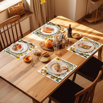 Retro Sunflower Placemats Set of 4, Flower Plants Place Mats Non-Slip Heat Resistant Washable Placemat for Party Kitchen Dining Table Decoration Indoor Outdoor 12x18 Inch
