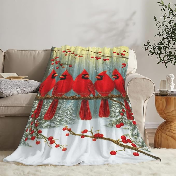 Cardinal Throw Blanket Red Bird Blanket Cardinal Soft Cozy Fleece Fuzzy Stuffed Plush Flannel Gifts for Girls Women Boys Kids Adults 60"X80"