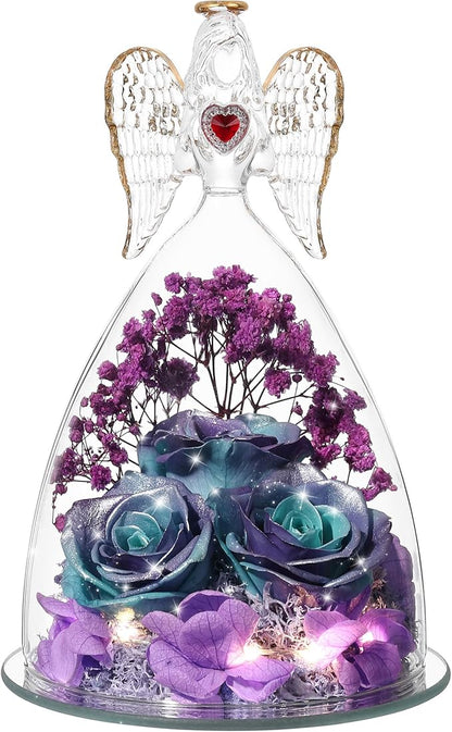 Mothers Day Rose Gifts for Women, Large Angel Figurines with Real Roses, Preserved Real Flower Rose for Her, Glittery Blue Purple