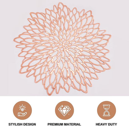 Snowkingdom 6 Pack Rose Gold Placemats Metallic Pressed Vinyl for Mother's Day Table Decoration Dinning Mats Round Floral Charger Plates Bridal Shower Party Birthday Wedding Valentine Christmas