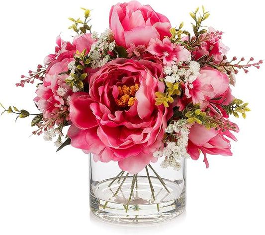 ENOVA FLORAL Artificial Silk Flower Arrangement with Vase,Mixed Artificial Silk Peony Flower in Vase for Decoration Home Office, Wedding Centerpiece (Fushia)