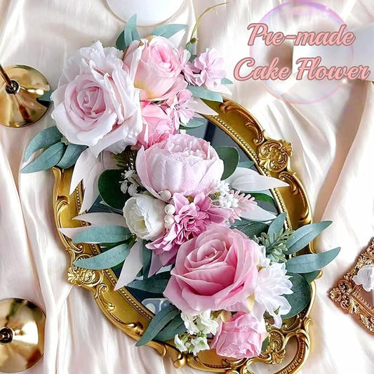 Pre-Made Blush Pink Silk Flowers for Cakes Decorations Pastel Light Pink Artificial Rose Peony Wedding Cake Toppers Decorating Fake Floral Anniversary Birthday Party Arrangements Table