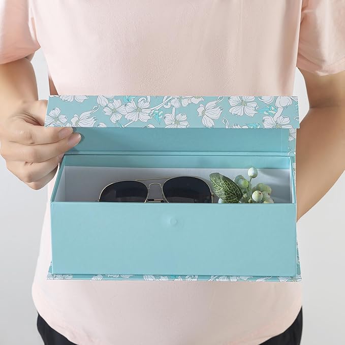 Soul & Lane Decorative Storage Boxes with Lids, Set of 3 Cardboard Boxes for Home Décor and Documents, Memory Organizers for Keepsakes with Magnetic Closure, Photo Storage, Blue Botanical