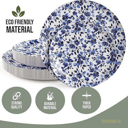 Trendables Heavy Duty Paper Plates Set For 32 Guests - 32 Each Of 8-inch And 10-inch Disposable Plates For Party - Fancy 64 Piece Dinnerware Set For All Occasions | Floral Design, Bluebelle