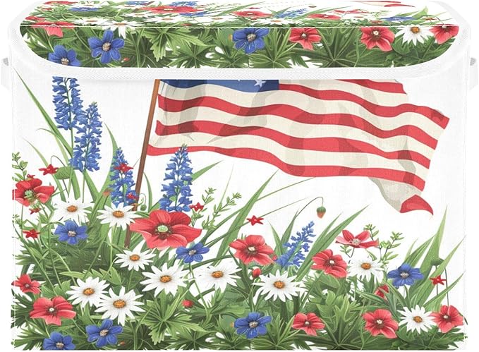 July Fourth Baskets Collapsible Storage Bins with Lids, Wildflowers American Flag Storage Boxes Clothes Baskets for Organizing