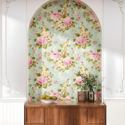 Blue Rose Wallpaper Peel and Stick Boho Wallpaper 17.5in x 9.8ft Vintage Floral Contact Paper Vinyl Self Adhesive Removable Modern Floral Wall Paper for Bedroom Shelf Liner Cabinet Decor