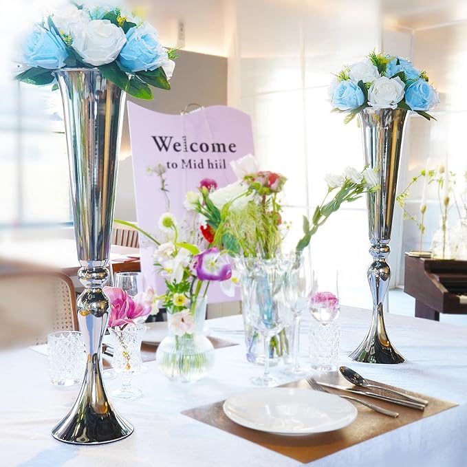 Set of 2 Versatile Metal Tabletop Flower Stands, Silver Dining Table Centerpiece Vases, 21.9" Tall Trumpet Vases for Wedding Birthday Ceremony Party Special Event Home Décor