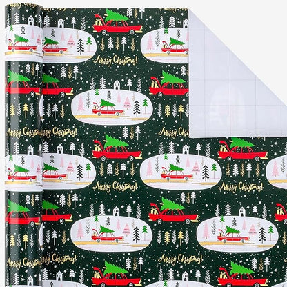 MAYPLUSS Green Christmas Wrapping Paper - 17In x 33 Feet - Truck, Christmas Tree Xmas Gift Wrapping, Gold Foil Wrapping Paper for Holiday, Party, Birthday New Year Gift Wrapping Paper,Mini Roll