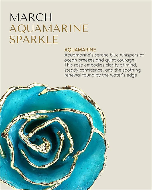 Forever Rose Hand-Dipped in 24K Gold, Aquamarine-Inspired March Birthstone with Sparkles, Real Rose in Leather Case with LED Light – Gift for Birthday or Any Occasion