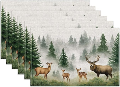 Misty Forest Deer Placemats Set of 6, Watercolor Tree Linen Place Mat Washable Stain Resistant Table Mats for Kitchen Dining Holiday Party 12x18 Inch