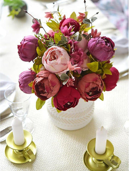 FiveSeasonStuff Mystic Blush Silk Peony & Hydrangea Bouquet with 2 Gold Taper Candle Holders; Vintage-Inspired Artificial Flowers for Weddings & Home Decor