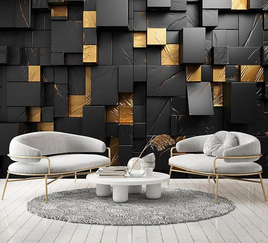 Black Gold Geometric Wallpaper Peel and Stick 3D Large Self Adhesive Wall Mural for Living Room 137"x100"