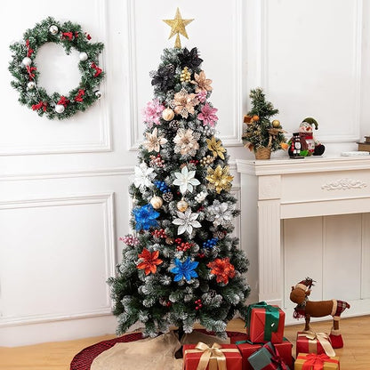 24Pcs Silver Glitter Poinsettia Christmas Tree Ornaments and Glitter Berries Stems, 16Pcs Christmas Artificial Flowers and 8 Pack Christmas Tree Picks for Wedding Holiday Decorations