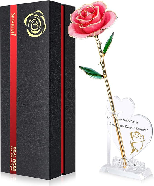 Sinvitron Gold Dipped Infinity Rose Forever Flower Decor, Resin Preserved Real Rose Birthday Gift for Women, Anniversary Present for Mom (Sweet Pink)