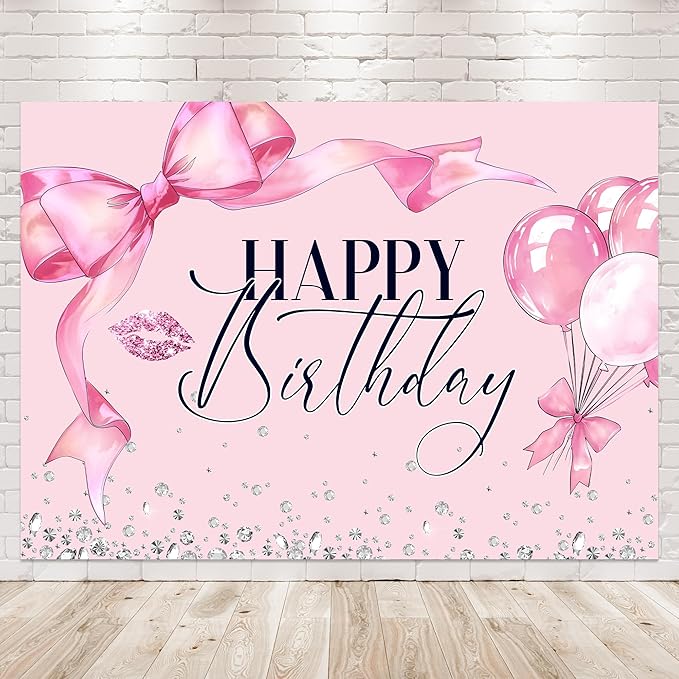 Pink Bow Happy Birthday Backdrop 7Wx5H Photography Bowknot Balloons Coquette Birthday Lips Diamond Balloons Background Woman Bachelorette Party Decorations Banner Photo Booth Props Supplies