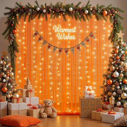 10ft x 8ft Orange Tulle Photo Backdrop Curtain with Lights String for Halloween Party Orange Sheer Curtain Backdrop Drapes for Birthday Party Wedding Photo Booth Background Home Room Decorations