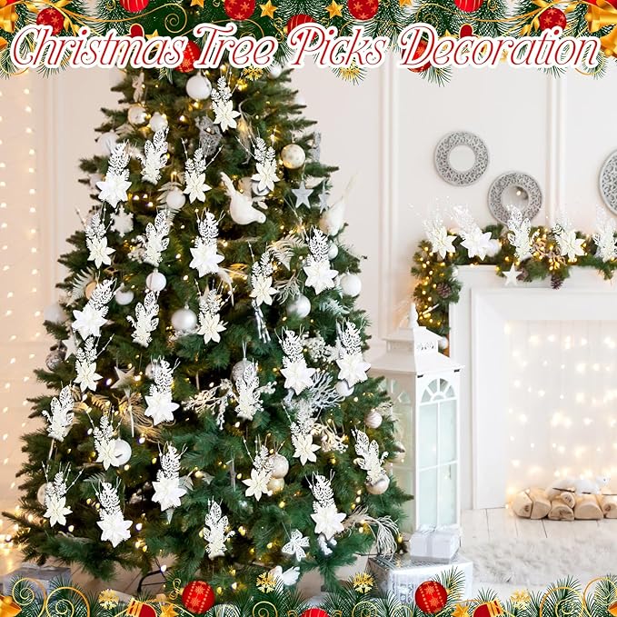 18 Pack 3 Styles 17 Inch Christmas Glitter Poinsettia Berry Stems Ornaments Artificial Floral Branches Picks for Christmas Tree Home Vase Holiday Party Decor(White)