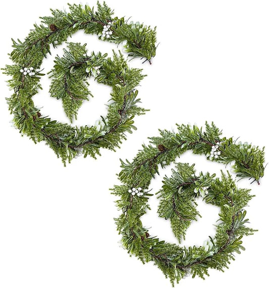 2Pack 6FT Christmas Garland – Artificial Greenery Olive Garland with White Berries, Pinecones & 20 Warm LED Timer Lights – Holiday Garland for Home, Wedding, Party Decorations