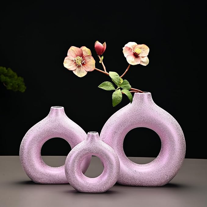 Modern Donut-Shaped Decorative Vases, Handmade Minimalist Boho ins Style, Modern Vase for Home Decor for Wedding Dinner Table Party Living Room Office Bedroom (Purple-Gold, Extra Large + Large)