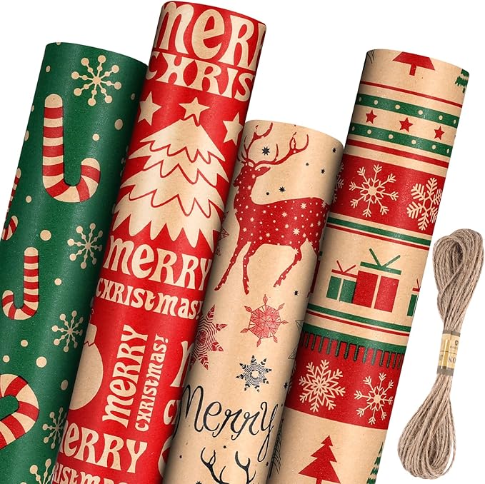Panigkids Christmas Wrapping Paper Set with Jute Twine, Red, Green & Natural Kraft Rolls with Candy Canes, Reindeer & Merry Christmas Print (17 inch x 17 ft) 4 Rolls