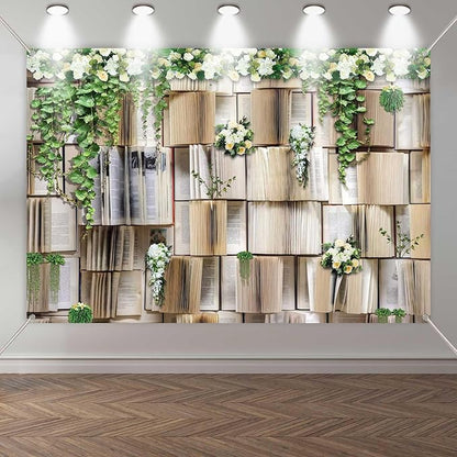 6x4ft Book Photo Backdrops Books Pages Green Leaves White Flowers Background Wedding Birthday Party Princess Photo Studio Props KUHBDJ165