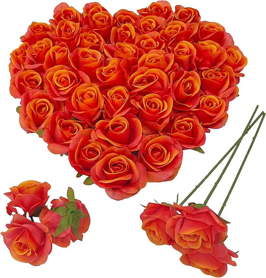 Artificial Satin Sunset Red Rose Flower Heads,42 Pcs Orange Red Silk Rose Heads with Stems,3.5'' Rose Artificial Flowers Bulk,Artificial Rose Flower Heads for DIY Crafts Bouquet (42, Sunset red)