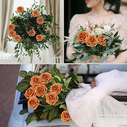Artificial Flowers Roses Real Looking Foam Fake Roses with Leaves and for DIY Wedding Bouquets Bridal Shower Centerpieces Party Decorations (Gold Sparrow, 200)