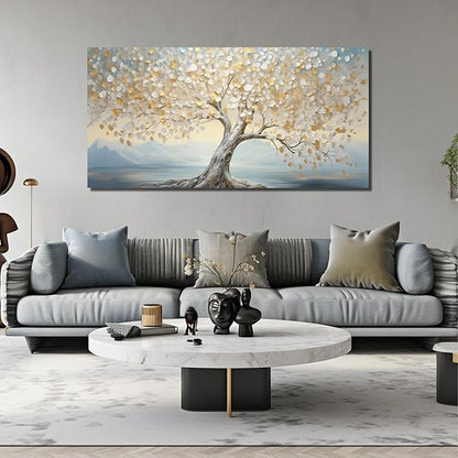 Large Tree Decor Art Bedroom Gold Canvas Wall Decor Light Blue Picture Wall Art for Living Room Office 29" x 59" White Artwork Poster