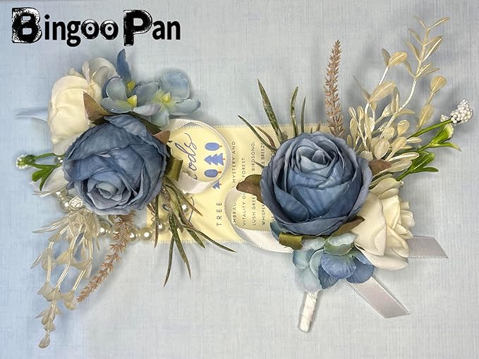 Corsage and Boutonniere Set Corsage Wistlet Dusty Blue Corsage Wrist Artificial Flower Perfert for Proms | Weddings for Bride,Bridesmaids, Groom,Groomsmen Decor (Dusty Blue)