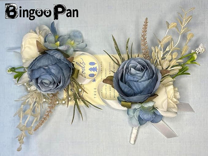 Corsage and Boutonniere Set Corsage Wistlet Dusty Blue Corsage Wrist Artificial Flower Perfert for Proms | Weddings for Bride,Bridesmaids, Groom,Groomsmen Decor (Dusty Blue)
