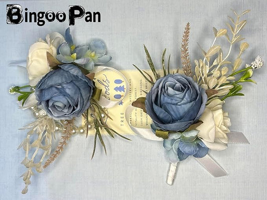 Corsage and Boutonniere Set Corsage Wistlet Dusty Blue Corsage Wrist Artificial Flower Perfert for Proms | Weddings for Bride,Bridesmaids, Groom,Groomsmen Decor (Dusty Blue)