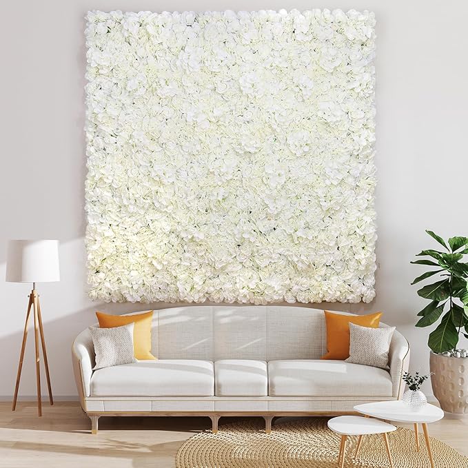 Silk Flower Wall Panels Backdrop 15 * 15inch- 12Pcs Wedding Wall DIY 3D Floral Panels Handmade Fake Flower Screen for Photo Photography Party Event Baby Shower Wall Background Décor-White