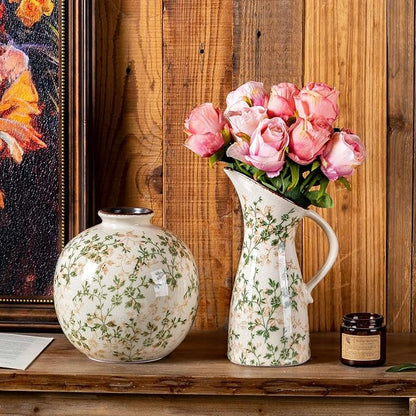 Set of 2 Vases, Green and Beige Pastoral Vintage Vase Set for Flowers, Rustic Farmhouse Decorative Vases for Home Decor, Chinoiserie Floral Vase, Living Room Table Centerpiece