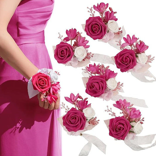 Hot Pink Wrist Corsage for Wedding(Set of 6), Wrist corsages for Prom,Party Prom Hand Flower Decor,Mother of The Bride Corsage,Bridesmaid Wrist Corsage