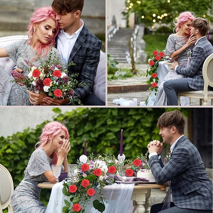 200PCS Red Artificial Flowers Roses Real Looking Foam Fake Roses with Leaves for DIY Wedding Bouquets Bridal Shower Party Decorations (Red, 200)