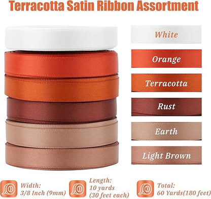 Terracotta Ribbon 3/8 Inch Thin Burnt Orange Satin Ribbon 6 Rolls Assortment for Crafts Wedding Baby Shower Decoration Gift Wrapping Invitation Card Tags- 60Yards