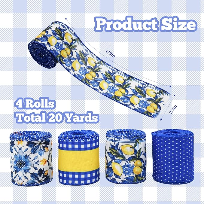 4 Rolls Lemon Wired Edge Ribbon - 2.5 Inch Wide, 20 Yards Total, Summer Yellow Lemon Print Wired Edge Set, Fashionable Grosgrain Craft Ribbon for Gift Wrapping, Hair Bundles, Party Decorations
